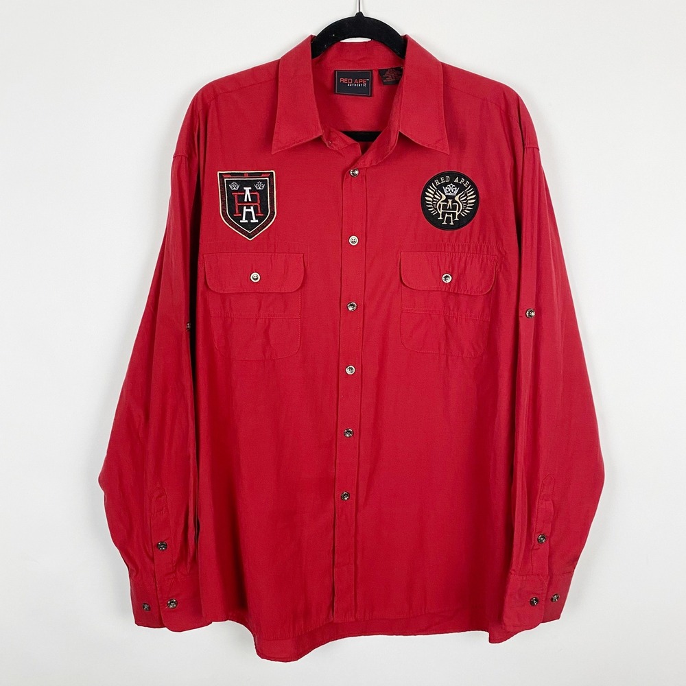 Red Ape Authentic‎ Mens Red Long Sleeve Button Up Shirt with Patches Size L